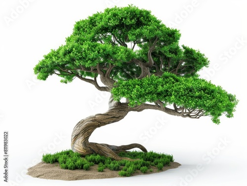 Bonsai 3D bonsai tree, perfectly trimmed and styled to mimic the appearance of a fullsized tree in miniature form, isolated on white background, isolated on white background. photo