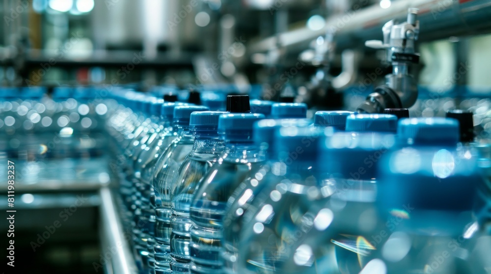 Closeup on mineral water bottles in raw and lines Closeup on mineral water bottles in raw and lines