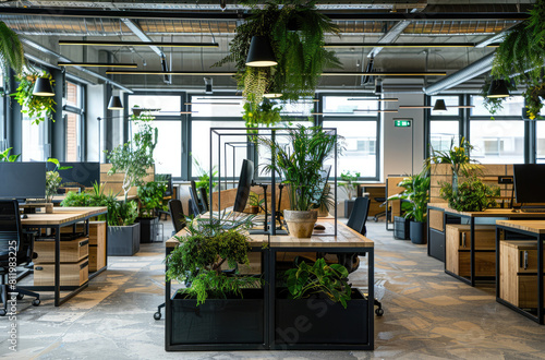 A creative office space with an open floor plan and white walls. A black metal frame desk has green plants on top. The room is filled with modern furniture like computers, desks, chairs and lights han