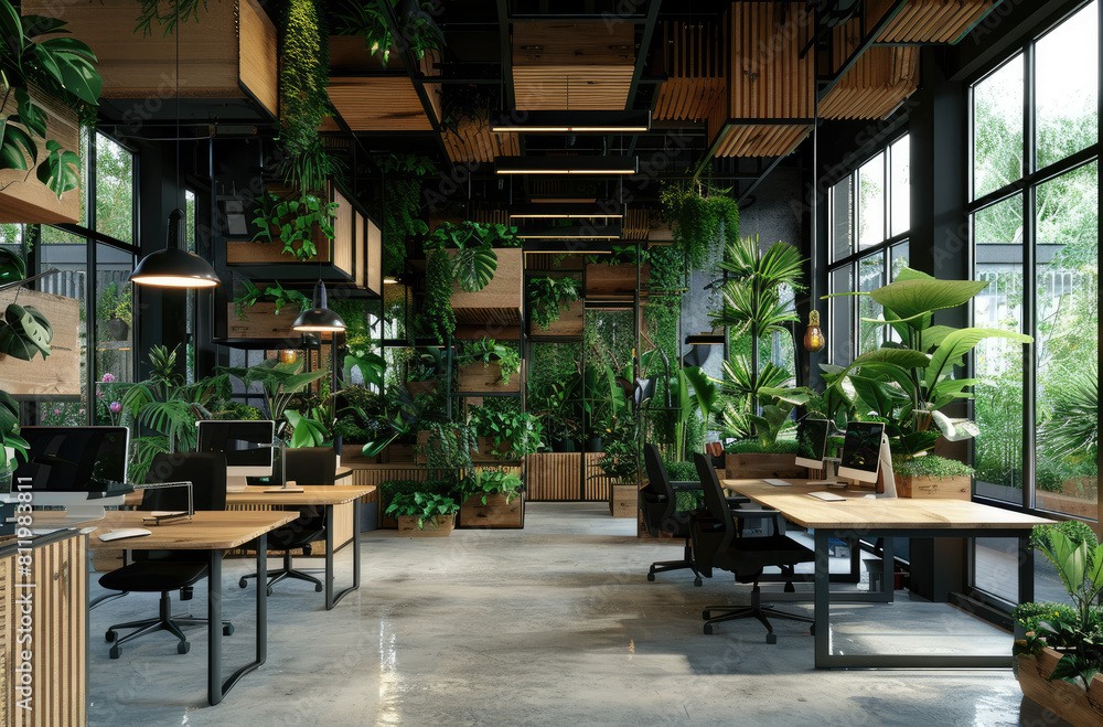 A creative office space with an open floor plan and white walls. A black metal frame desk has green plants on top. The room is filled with modern furniture like computers, desks, chairs and lights han