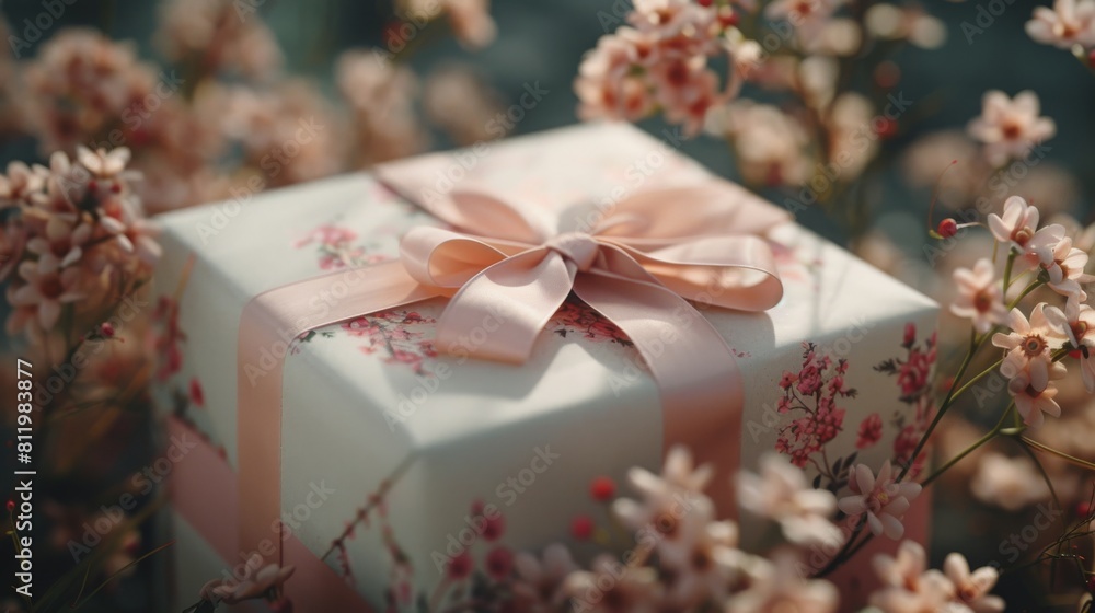 Close-up view of a gift box with a delicate floral print and a soft pink ribbon, nestled among blush-colored flowers. Close-up view of a gift box with a delicate floral print and a soft pink ribbon, nestled among blush-colored flowers.