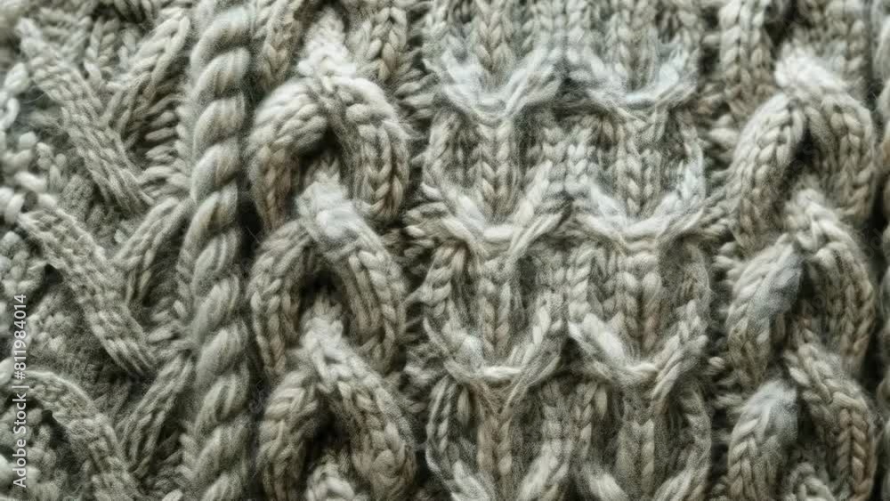 Close-up view of a gray knitted fabric with intricate patterns, emphasizing the texture and craftsmanship of the material. Fabric knitted background Close-up view of a gray knitted fabric with intricate patterns, emphasizing the texture and craftsmanship of the material. Fabric knitted background