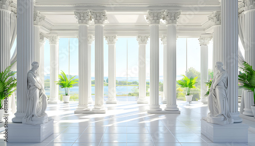 elegant white interior with columns, statues and potted plants, overlooking a scenic landscape