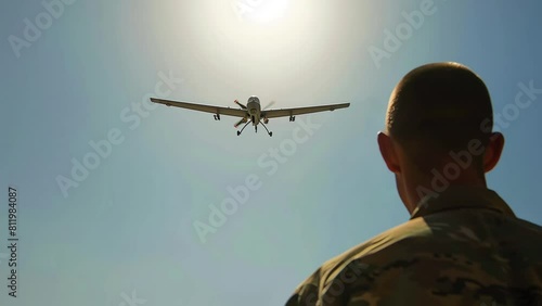 Back view of soldier watches flying military drone UAV. Parallax movement video. Modern technology in army concept. High quality 4k footage