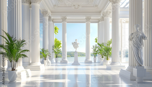 elegant white interior with columns, statues and potted plants, overlooking a scenic landscape