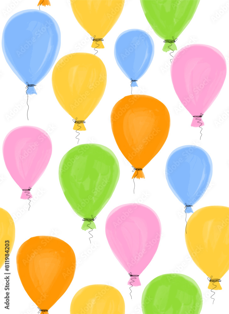 Seamless Pattern with Colorful Birthday Balloons. Watercolor Flying Air Balloons isolated on a White Background. Cute Infantile Style Party Endless Print ideal for Wrapping Paper.