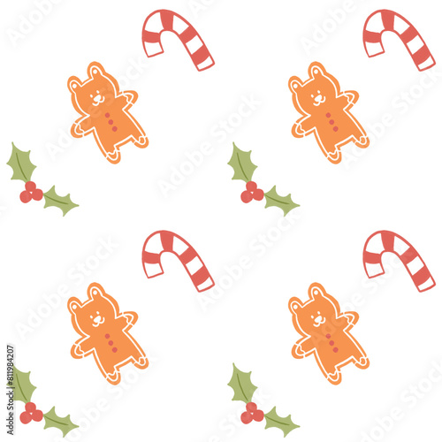 teddy bear ginger bread cookie with candy cane and cherry seamless pattern for christmas decoration