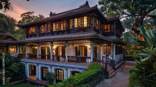 A stunning traditional wooden house lit up as dusk settles in  showcasing rich architectural details surrounded by lush greenery.