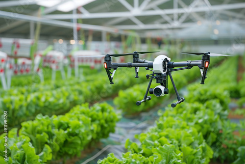 A drone is flying over a field of lettuce