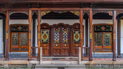 An exquisitely detailed traditional porch featuring richly carved woodwork, stained glass panels, and ornamental architecture in a historic home.