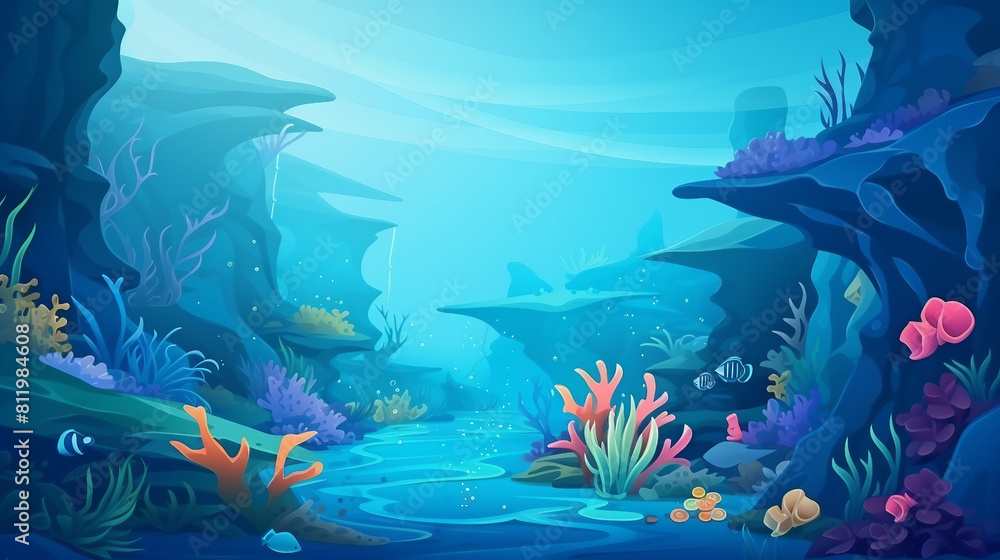 Vibrant Underwater Marine Life: Exploring the Colorful Ecosystem of the Sea Bottom with Corals, Plants, and Fish - Vector Illustration