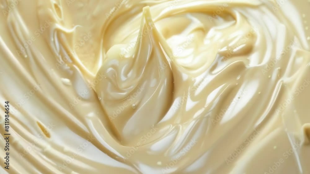 Smooth and creamy texture of peanut butter. Swirling patterns, glossy sheen highlight product's thick consistency and rich, spreadable nature. Creamy background for face and body skin care. Cosmetics