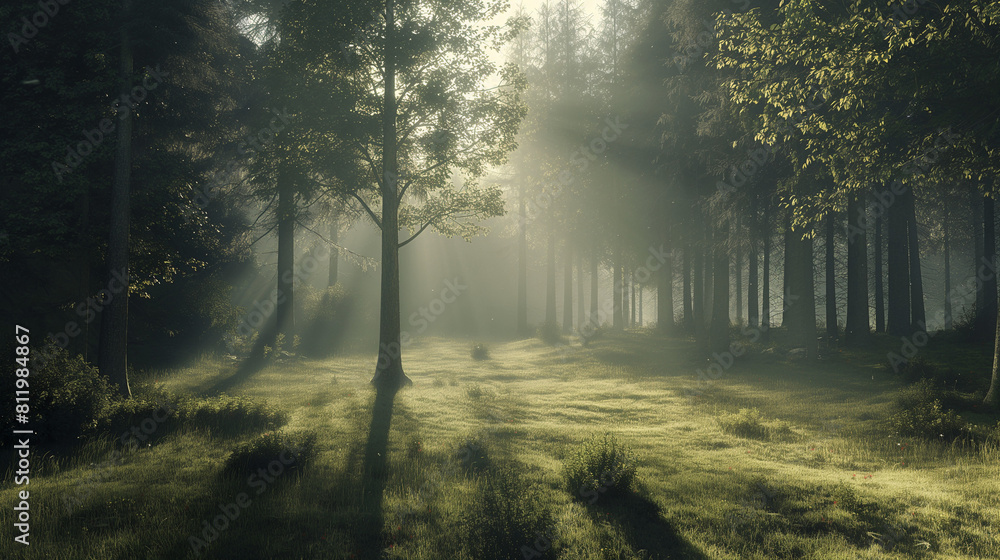 Fototapeta premium Misty morning light streaming through a tranquil forest