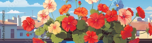 Colorful geraniums in a bright blue pot  sunlit balcony setting  vibrant and cheerful