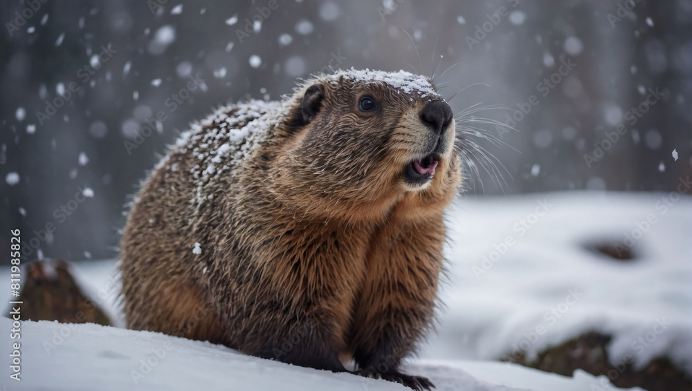 Snowy Groundhog Day, Groundhog Covered in Snow Amidst the Celebration Snowy Groundhog Day, Groundhog Covered in Snow Amidst the Celebration
