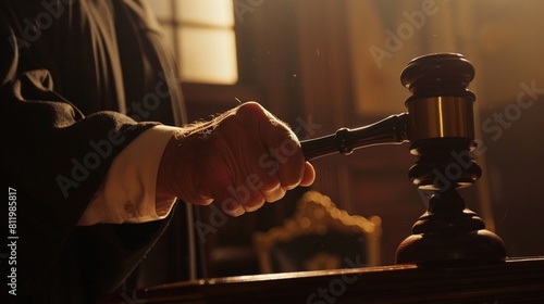 Court of Law and Justice Trial Session: Imparcial Honorable Judge Pronouncing Sentence, striking Gavel. Focus on Mallet, Hammer. Cinematic Shot of Dramatic Not Guilty Verdict. Close-up Shot. photo