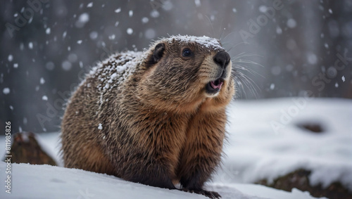 Snowy Groundhog Day, Groundhog Covered in Snow Amidst the Celebration