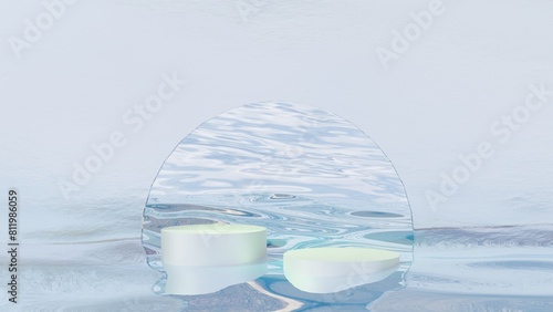 3D Clean and minimalist Seascape with two white product display podiums and a big frosted glass arch with a view of clear crystal waters. For summer  cosmetics  hygiene  seafood  cool drinks  chilling