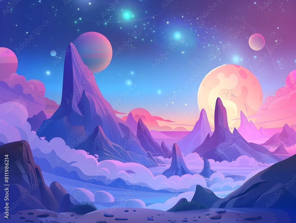 Fototapeta premium Captivating Alien Landscape with Towering Mountains and Ethereal Moons