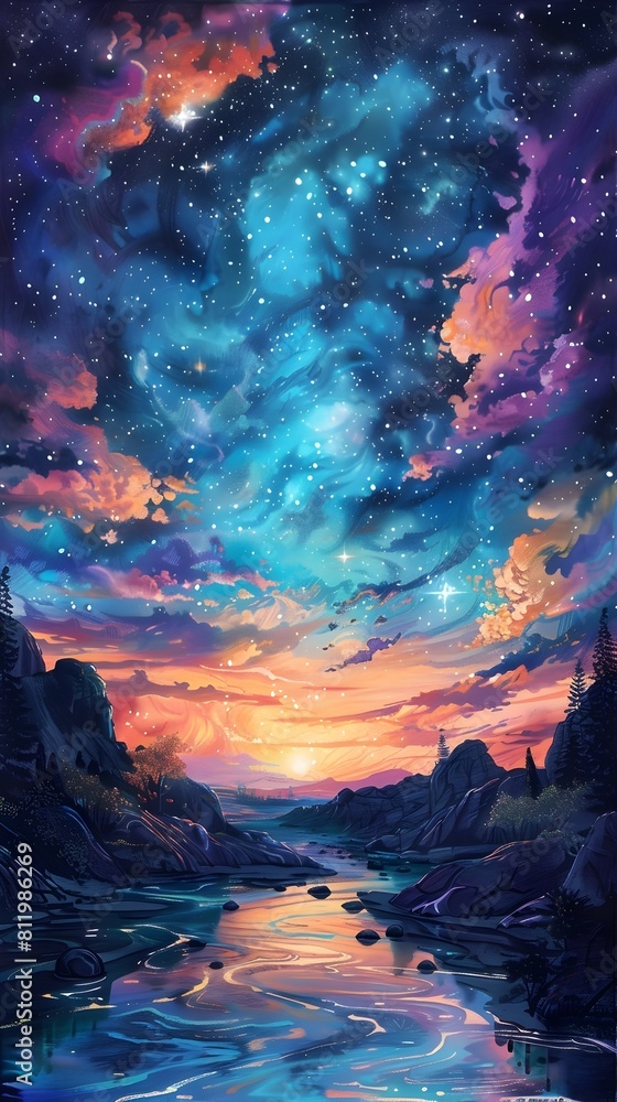 Captivating Celestial Landscape of Cosmic Wonders Reflected in a Serene River