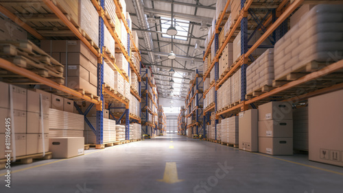 Bilde på lerret Retail warehouse full of shelves with cardboard boxes and packages