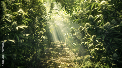 A path through cannabis fields is growing densely