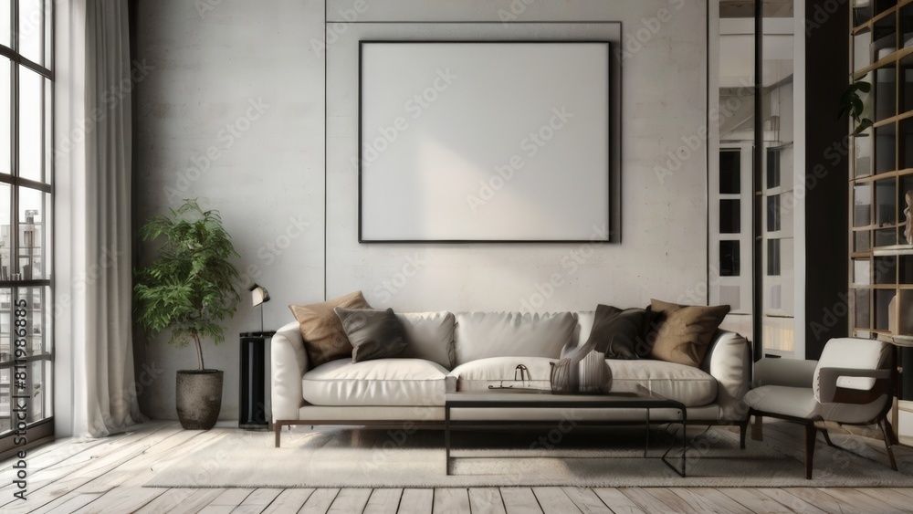 Modern Cozy Living Room Decor with Empty Canvas Frame and Furniture Mock-Up on White Wall Texture Render Suitable for Buildings and Architecture Interior Design Modern Cozy Living Room Decor with Empty Canvas Frame and Furniture Mock-Up on White Wall Texture Render Suitable for Buildings and Architecture Interior Design