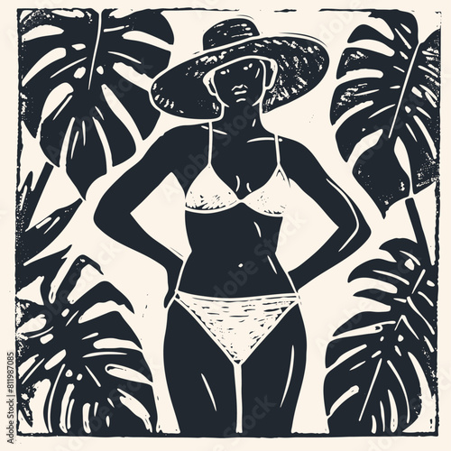 Silhouette of a woman in a swimsuit and a beach hat and monstera leaves, vector illustration