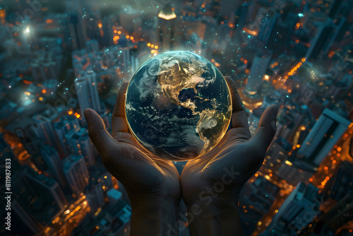man holds the planet Earth in his hands, highlighting its fragility and beauty against the glare of urban lights.