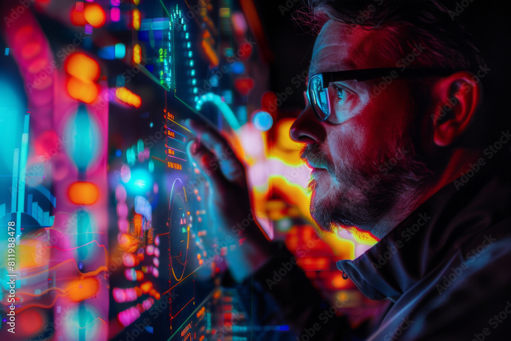 A man wearing glasses is looking at a computer screen with a graph on it A man wearing glasses is looking at a computer screen with a graph on it