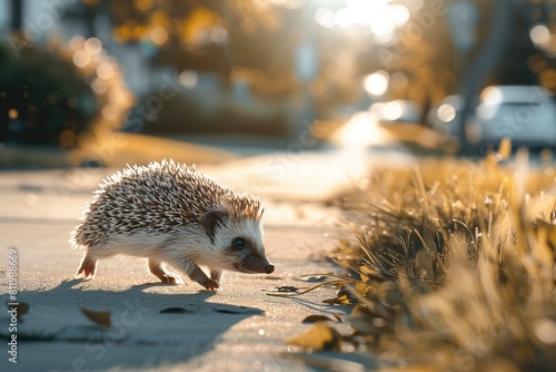 A small hedgehog walking on the sidewalk in an urban park.