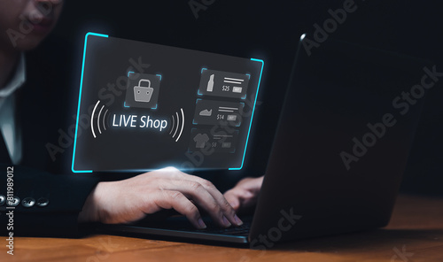 Live broadcast shopping products online live on social platforms or an ecommerce store, live video store business. With graphics icon businessman using laptop background.