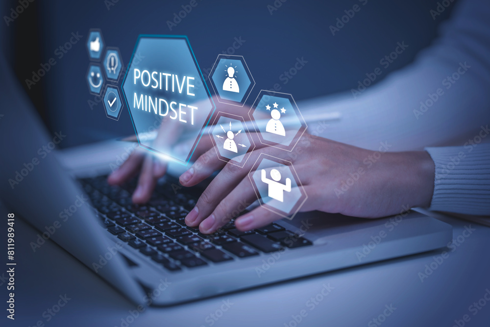 Obraz premium Success with a positive mindset and good mentality. Motivation, creativity, and determination for a thriving environment. Increase business success through positivity, using Digital laptop.