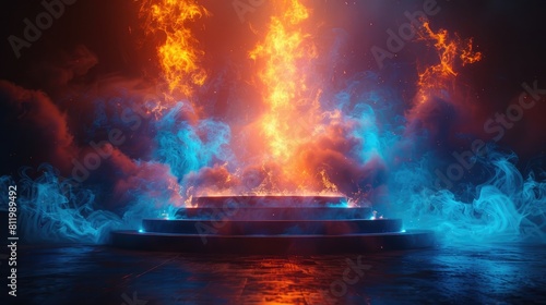 A stage with a blue and orange fire theme.