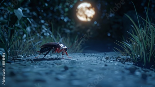 The image shows a closeup of a snail moving slowly across the ground at night. The snail is illuminated by a full moon. photo