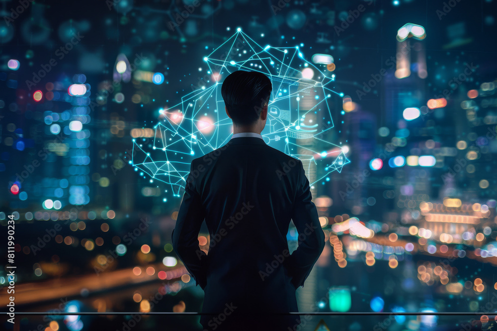 A man in a suit looks out over a city at night A man in a suit looks out over a city at night