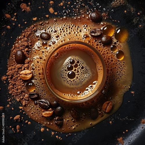 Rich coffee brew with beans and splashes on dark backdrop