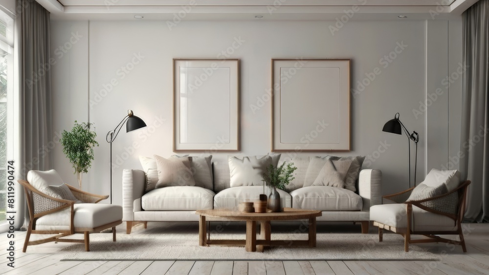 Fototapeta premium Living Room Decorated with Modern Furniture and Empty Canvas Frame on White Wall Background Mock-Up Render Suitable for Buildings and Architecture Interior Design