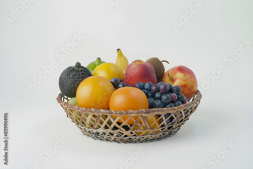 Wicker basket with assorted fresh fruits on a white background