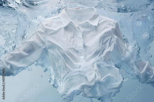 A shirt immersed in water with bubbles and splashes, symbolizing the effectiveness of liquid detergent in cleaning clothes. Ideal for a banner design highlighting the feeling of freshness and purity
