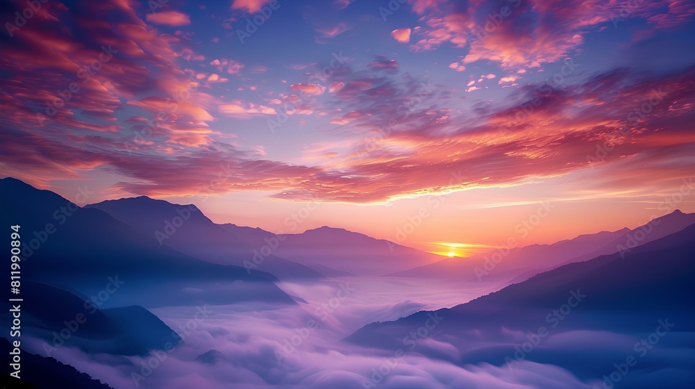 A breathtaking sunrise over mist-covered mountains, painting the sky with vibrant hues of orange and pink, filling the heart with gratitude for new beginnings.