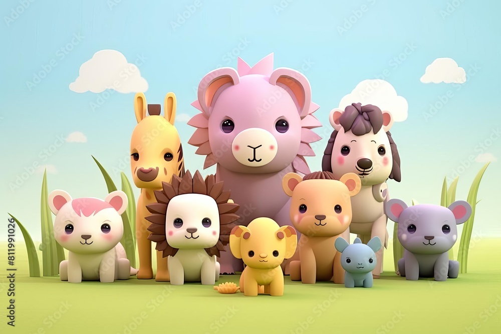 Fototapeta premium cute 3D various animals flat design front view safari theme animation Complementary Color Scheme.