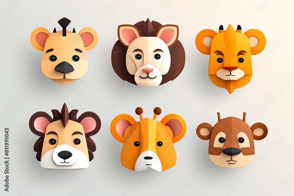 cute 3D various animals flat design front view safari theme animation Complementary Color Scheme.