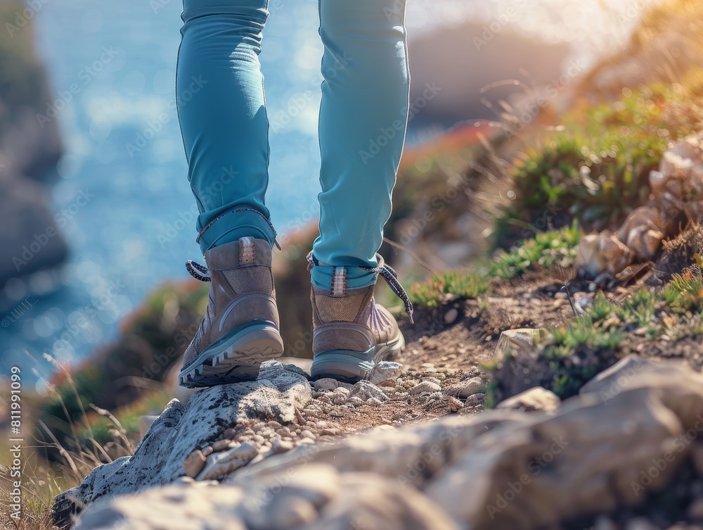 A woman is standing on a rocky hillside with her feet in the water A woman is standing on a rocky hillside with her feet in the water