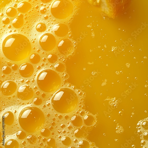 Golden orange juice droplets and fresh slice in sunlight