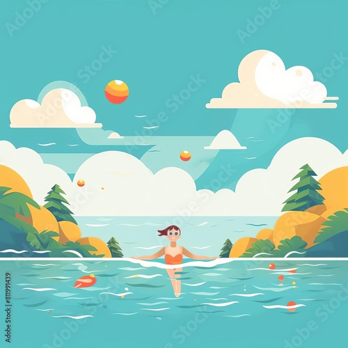 Craft a flat design portrayal of swimming in front view with a summer fun theme in animation using an Analogous Color Scheme.