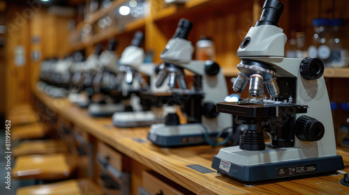 A row of microscopes in a laboratory setting.