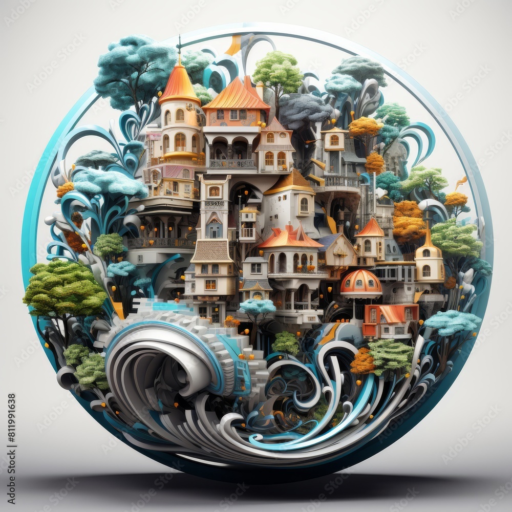 A 3D rendering of a castle enclosed in a sphere, surrounded by trees and waves. Abstract painting. Castle in sphere surrounded by trees and waves, a unique porcelain ornament. High quality photo A 3D rendering of a castle enclosed in a sphere, surrounded by trees and waves. Abstract painting. Castle in sphere surrounded by trees and waves, a unique porcelain ornament. High quality photo