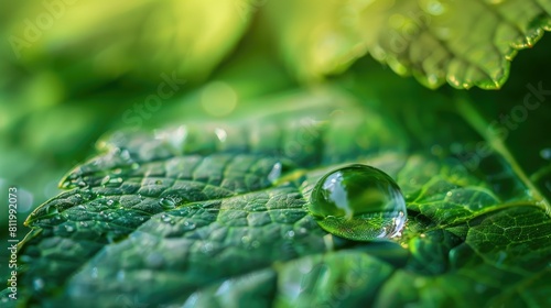 A water droplet sits beneath a vibrant green leaf against the backdrop of a lush green world map symbolizing harmony between water and our global environment on World Environment Day