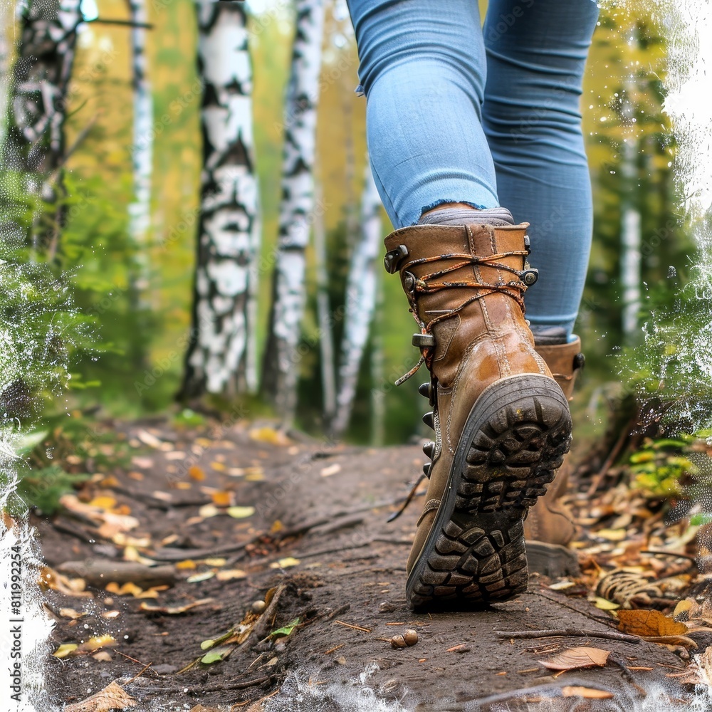 A woman is walking on a dirt path in the woods